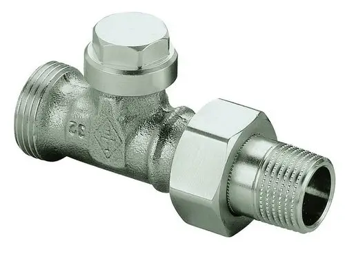 Metallene Verschraubung mit zwei Außengewinden, die für regulierte Durchgänge in der Heizungsinstallation verwendet wird. Produkt von IMI Hydronic Engineering.